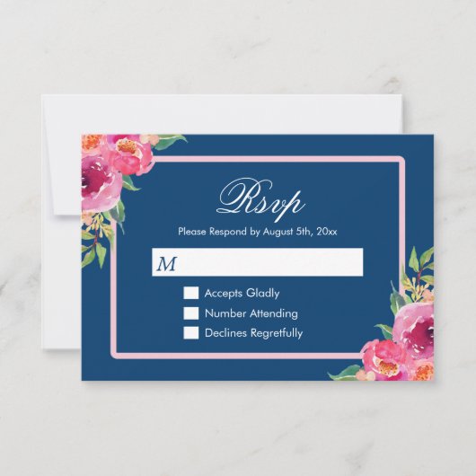 Modern Classy Paars Pink Floral Navy Blue RSVP Kaartje (Voorkant)