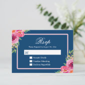 Modern Classy Paars Pink Floral Navy Blue RSVP Kaartje (Staand voorkant)