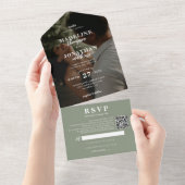 Modern Classy Photo Sage Green QR Code Weddenschap All In One Uitnodiging (Afscheurbaar)