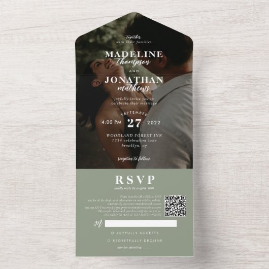 Modern Classy Photo Sage Green QR Code Weddenschap All In One Uitnodiging (Binnen)
