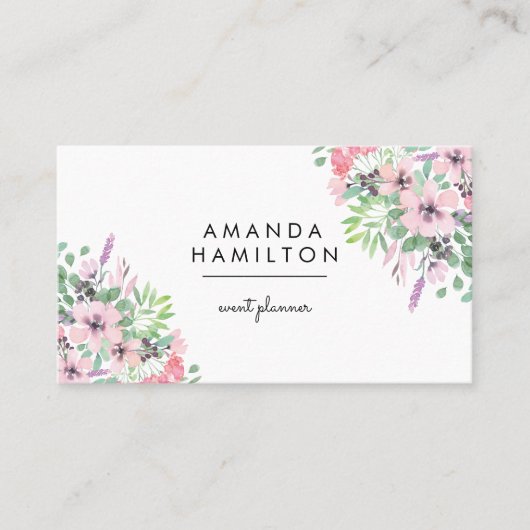 Modern Classy PINK Waterverf Boeket en bladeren Visitekaartje (Voorkant)