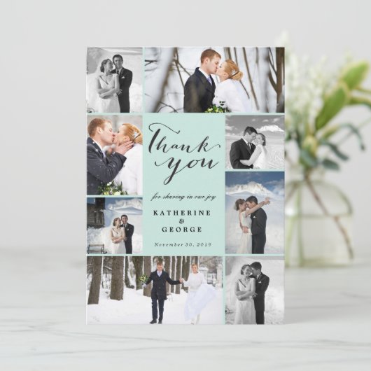 Modern Classy Script 8 Multi Photo Stylish Wedding Bedankkaart (Staand voorkant)