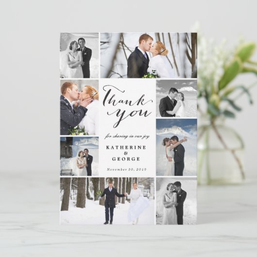 Modern Classy Script 8 Multi Photo Stylish Wedding Bedankkaart (Staand voorkant)