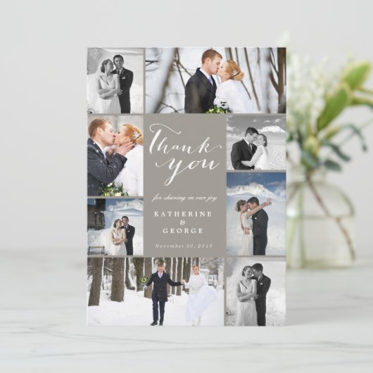 Modern Classy Script 8 Multi Photo Stylish Wedding Bedankkaart (Staand voorkant)