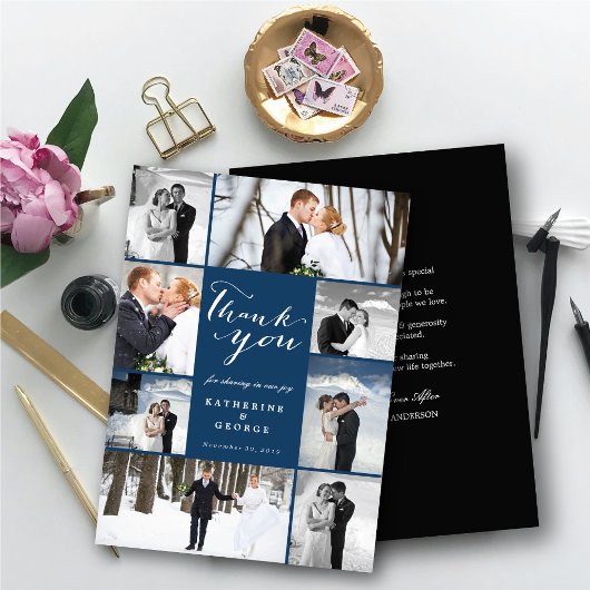 Modern Classy Script 8 Multi Photo Stylish Wedding Bedankkaart
