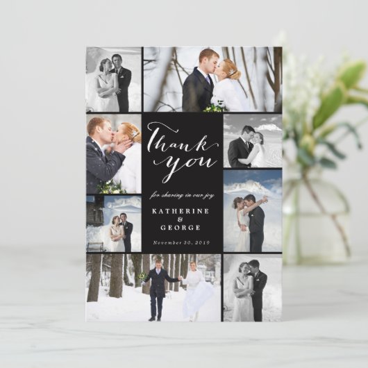 Modern Classy Script 8 Multi Photo Stylish Wedding Bedankkaart (Staand voorkant)