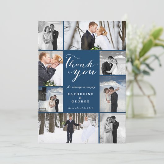 Modern Classy Script 8 Multi Photo Stylish Wedding Bedankkaart (Staand voorkant)
