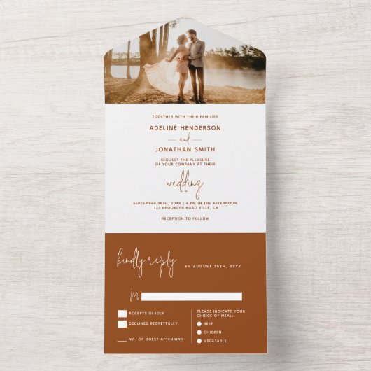Modern Classy Terracotta Rust Photo Wedding All In One Uitnodiging (Binnen)