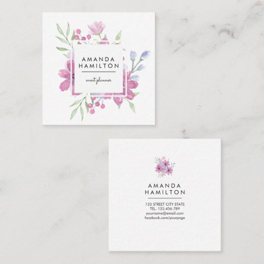 Modern Classy Waterverf Bloem en bladeren Vierkante Visitekaartje (Voorkant / Achterkant)