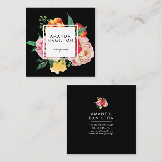 Modern Classy Waterverf Peony Floral BLACK Vierkante Visitekaartje (Voorkant / Achterkant)