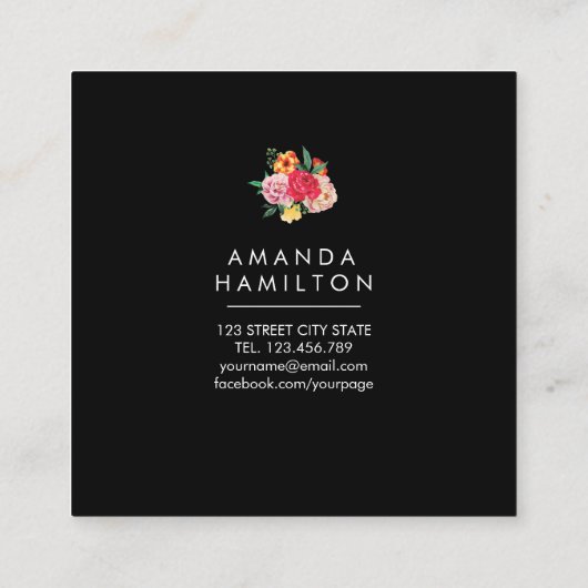 Modern Classy Waterverf Peony Floral BLACK Vierkante Visitekaartje (Achterkant)
