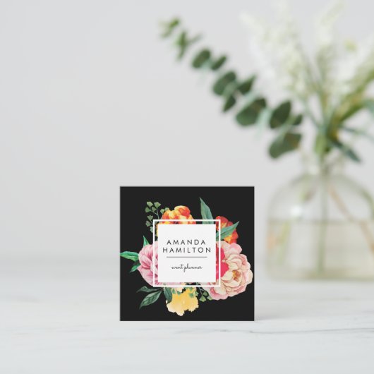 Modern Classy Waterverf Peony Floral BLACK Vierkante Visitekaartje (Staand voorkant)