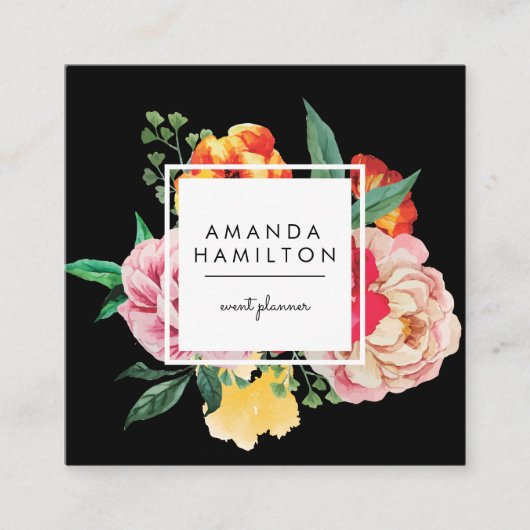 Modern Classy Waterverf Peony Floral BLACK Vierkante Visitekaartje (Voorkant)