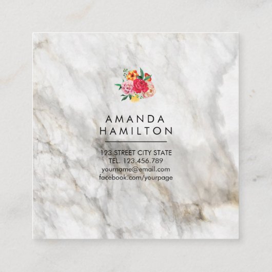Modern Classy Waterverf Peony Floral MARBLE Vierkante Visitekaartje (Achterkant)