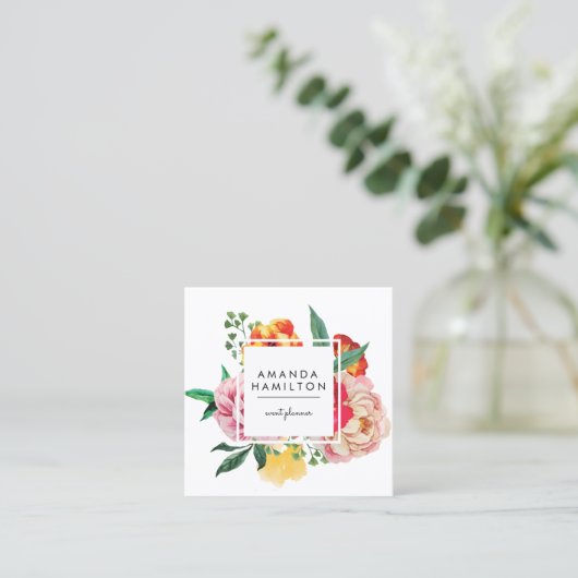 Modern Classy Waterverf Peony Floral QR CODE Vierkante Visitekaartje (Staand voorkant)