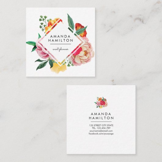 Modern Classy Waterverf Pioen Bloemendiamant Vierkante Visitekaartje (Voorkant / Achterkant)