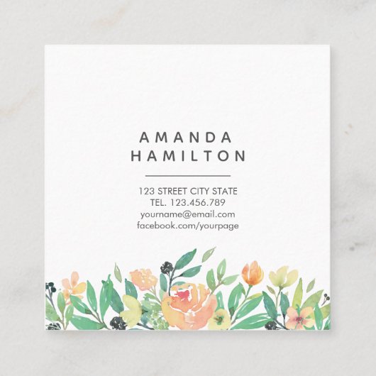 Modern Classy Waterverf roze oranje pioenbladeren Vierkante Visitekaartje (Achterkant)