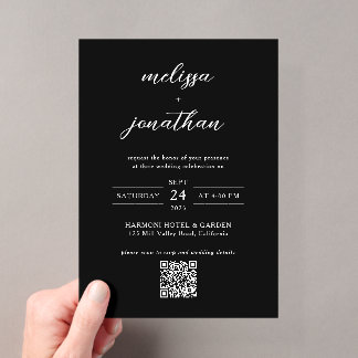 Modern Classy Zwart & Wit Script QR code bruiloft Acryl Uitnodigingen