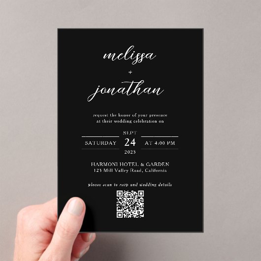 Modern Classy Zwart & Wit Script QR code bruiloft Acryl Uitnodigingen (Insitu (Draagbaar))