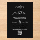 Modern Classy Zwart & Wit Script QR code bruiloft Acryl Uitnodigingen (Voorkant)