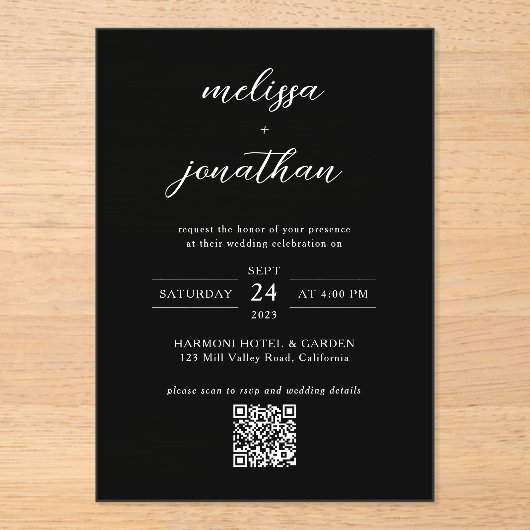 Modern Classy Zwart & Wit Script QR code bruiloft Acryl Uitnodigingen (Voorkant)