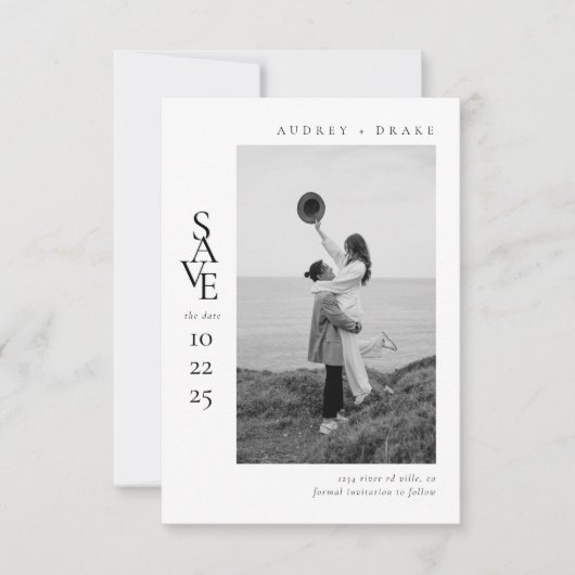Modern Clean Black and White Photo Wedding Save The Date (Voorkant)