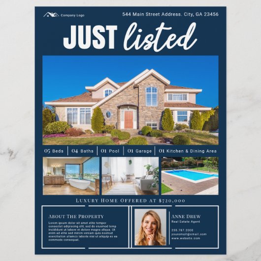 Modern Clean Blue Real Estate zojuist op de lijst  Flyer (Voorkant)