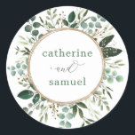 Modern   Clean Botanical Greenery Garden Wedding Ronde Sticker<br><div class="desc">Deze stijlvolle,  ronde sticker is voorzien van een prachtige en elastische botanische waterverf,  aangevuld met moderne en stijlvolle letters. Gebruik de velden sjabloon om je eigen formulering toe te voegen. Klik op Verdere wijzigingen aanpassen om elementen indien nodig te herschikken.</div>