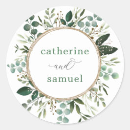 Modern + Clean Botanical Greenery Garden Wedding Ronde Sticker
