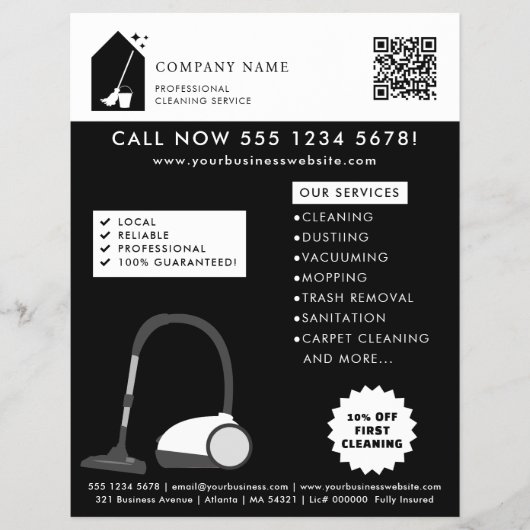 Modern Cleaning Cleaner Service Logo Black QR Code Flyer (Voorkant)