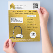 Modern Cleaning Cleaner Service Logo Gold QR Code Flyer (Hand)