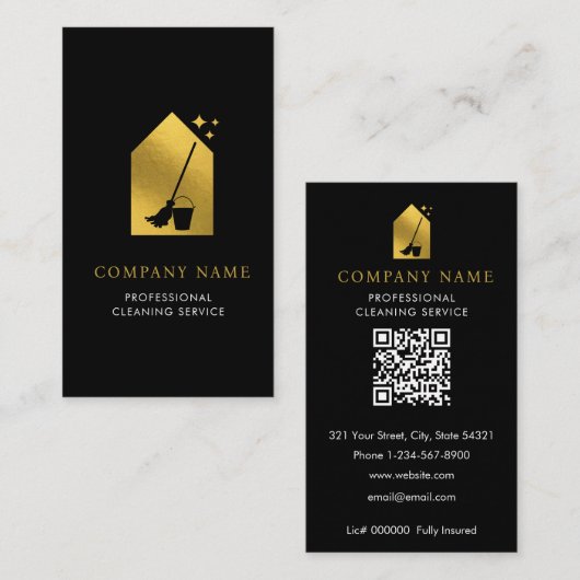 Modern Cleaning Cleaner Service Logo Gold QR Code Visitekaartje (Voorkant / Achterkant)