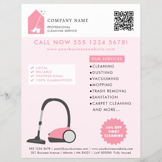 Modern Cleaning Cleaner Services Logo Pink QR Code Flyer (Voorkant)