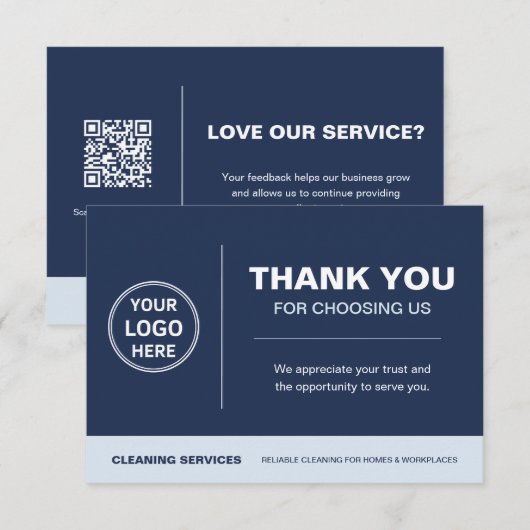 Modern Cleaning Services Logo QR Code Marineblauw Bedankkaart (Voorkant / Achterkant)