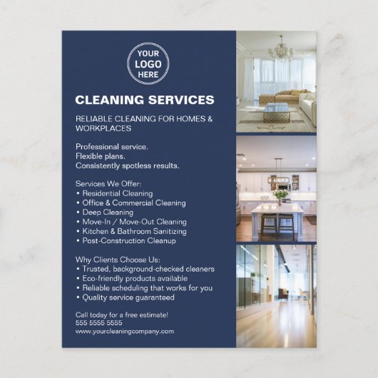 Modern Cleaning Services Photo Logo Navy Blue Flyer (Voorkant)