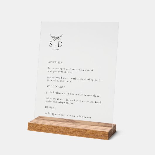 Modern Clear Monogrammed Wedding Menu Acryl Bord (Hoek)