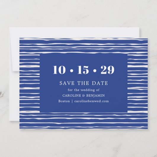 Modern Coastal Blue Stripe Wedding Save The Date (Voorkant)