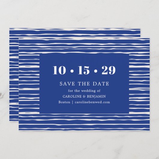 Modern Coastal Blue Stripe Wedding Save The Date (Voorkant / Achterkant)