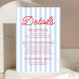 Modern Coastal Red Blue Stripes Wedding Details Informatiekaartje