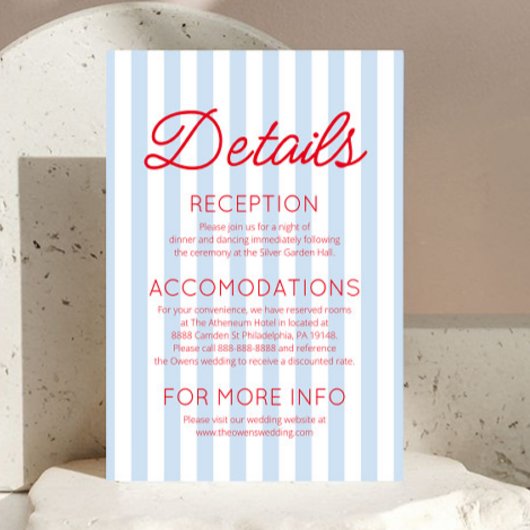 Modern Coastal Red Blue Stripes Wedding Details Informatiekaartje