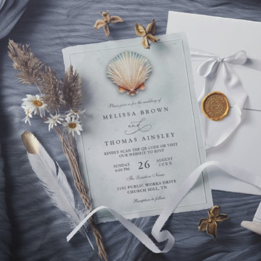 Modern Coastal Seashell Aqua QR Code Wedding Kaart