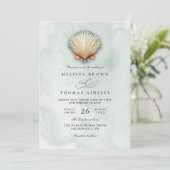 Modern Coastal Seashell Aqua QR Code Wedding Kaart (Staand voorkant)