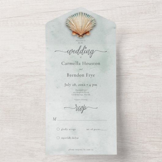 Modern Coastal Seashell Aqua Waterverf Geen Diner All In One Uitnodiging (Binnen)