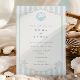 Modern Coastal Seashell Nautical Striped Wedding Kaart