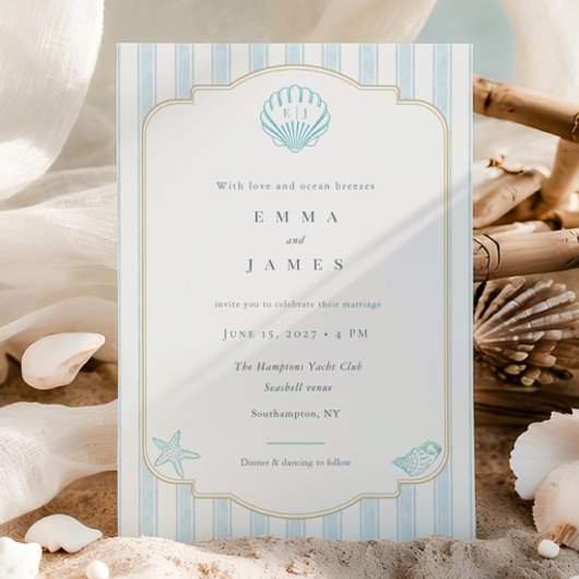 Modern Coastal Seashell Nautical Striped Wedding Kaart