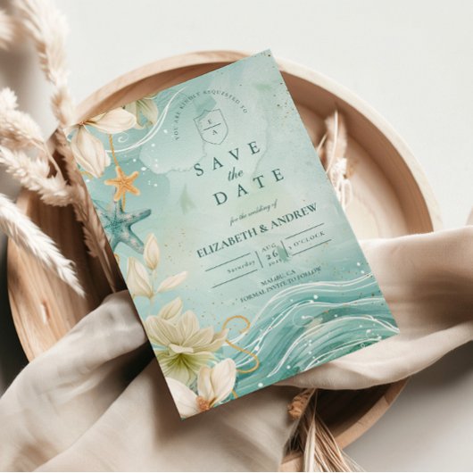 Modern Coastal Wave Floral Wedding Save The Date