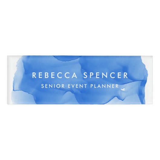 Modern Cobalt Blue Abstracte Waterverf Naambadge (Voorkant)