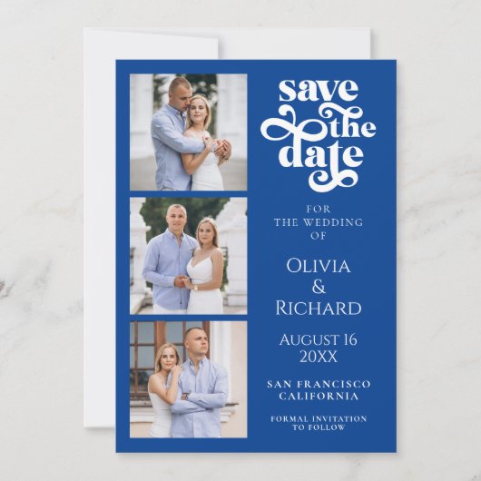 Modern Cobalt Blue Photo Collage Wedding Save The Date (Voorkant)