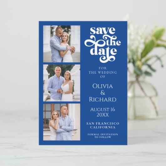 Modern Cobalt Blue Photo Collage Wedding Save The Date (Staand voorkant)