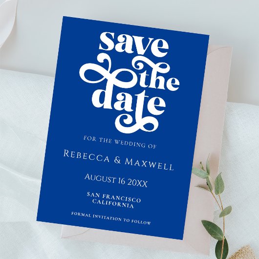 Modern Cobalt Blue Retro Typography Wedding Save The Date